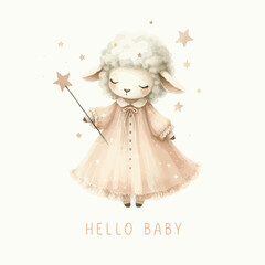 Cute baby shower watercolor invitation card with sleeping sheep.