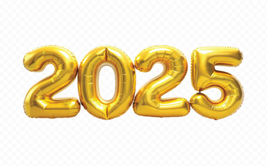 Abstract 3d 2025 number for happy new year, in the shape of gold or yellow balloons, isolated on white background.