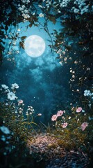 Enchanted Moonlit Pathway Surrounded by Flowers and Lush Foliage in a Dreamy, Mystical Forest Landscape Captured Under a Bright Full Moon