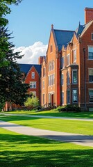 Beautiful Sunny Day on Campus Showing Historic Red Brick Buildings and Lush Green Lawn with Clear Blue Sky and Fluffy Clouds in the Background
