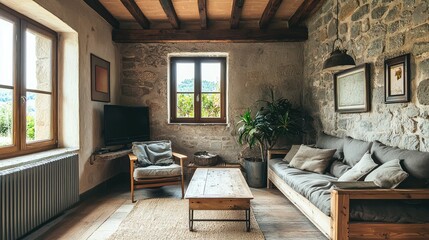 Cozy Rustic Living Room with Stone Walls, Wooden Beams, and Natural Light - Inviting Interior Design for Home, Relaxation, and Comfort