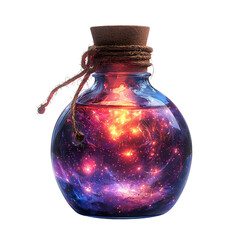 Alchemical bottle with stellar magical radiance. Wizard flask with spell potion in which lights flash to restore magic power
