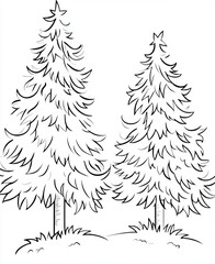 Twin Christmas trees outline illustration, kids coloring page, holiday activity and winter theme.