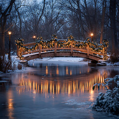 Snowy Bridge Under Festive Lights at Dusk
