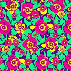 Naklejka premium Psychedelic Floral Pattern: A vibrant and hypnotic seamless pattern of swirling flowers in neon pink, yellow, and green. This bold design is perfect for creating eye-catching backgrounds, textiles.