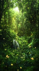 Fototapeta premium Lush Tropical Rainforest Scene with Sunlight, Waterfall, and Glowing Fireflies in a Serene Natural Environment, Perfect for Nature and Adventure Themes