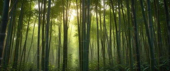 A beautiful bamboo thicket with sunlight filtering through the dense foliage , filter effect, foliage