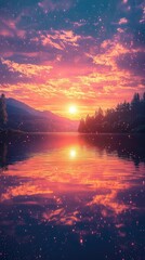 Fototapeta premium Stunning Sunset Over Tranquil Lake with Reflections of Colorful Skies and Mountains Surrounded by Lush Forests in a Serene Natural Setting