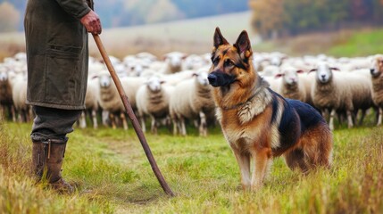 German Shepherd working dog alert near a flock of sheep