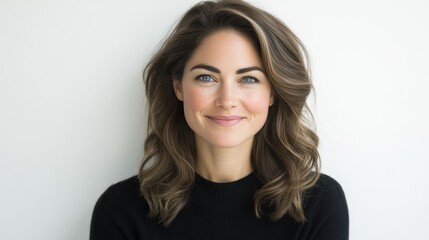 Obraz premium A woman with long, wavy hair and a bright smile poses confidently indoors, wearing a black sweater. Her expression conveys warmth and friendliness, creating an inviting atmosphere