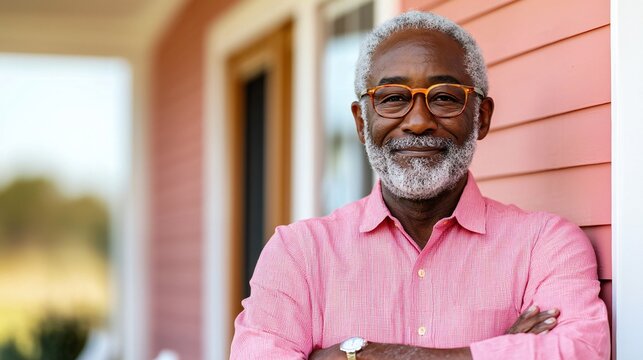 Black history month, Confident Senior Man Portrait Home Exterior Pink Shirt Glasses