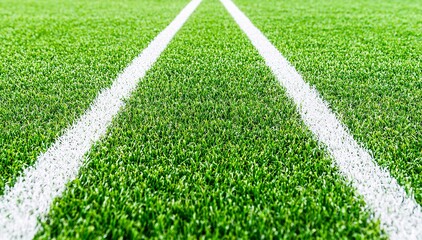 Close-up of a green field with white lines painted on green artificial turf.