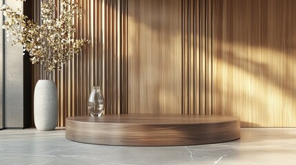 Modern Minimalist Studio Interior with Wooden Accent Wall, Round Wooden Display Platform, Decorative Vase, and Elegant Glass Water Container for Stylish Presentations