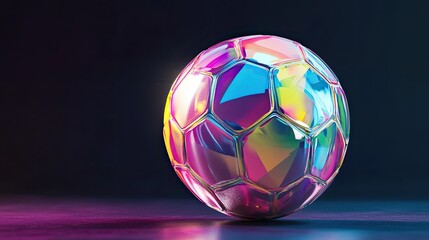 Fototapeta premium A sports ball with vibrant colors hovering on a solid black background, illuminated with sharp contrasts.