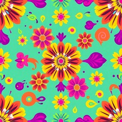 Vibrant Floral Fiesta: A kaleidoscope of colors bursts forth in this delightful seamless pattern, showcasing a vibrant array of stylized flowers, leaves.