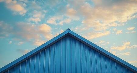 Obraz premium Roof of a blue house under a bright sky with scattered clouds during midday