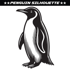 Penguin silhouette isolated on white background. Black and white silhouette
