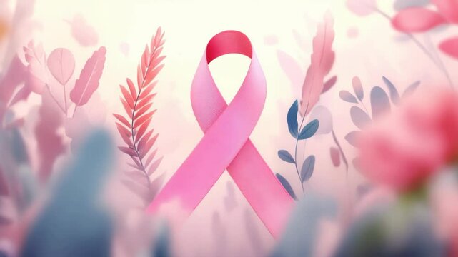 Pink ribbon with flowers in the background. The ribbon is pink and is in the center of the image