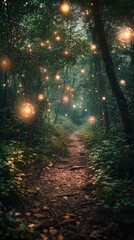 Obraz premium Enchanted Forest Pathway Illuminated by Floating Orbs of Light in a Mystical, Lush Nature Setting with Soft Greenery and a Serene Atmosphere