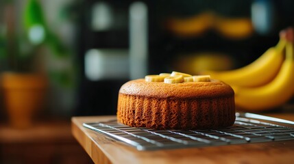 Freshly baked banana cake cooling on rack.