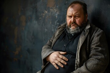 Obraz premium Introspective Portrait of a Middle-aged Man with a Beard, Capturing Emotion and Depth Against a Grunge Background in Natural Light Setting