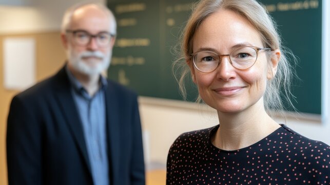 In a contemporary office setting, two professionals stand together, discussing important topics related to their work