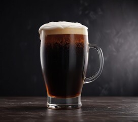 A dark beer glass filled with a rich, dark beer and topped with a generous layer of creamy foam on a black background , glass, evening drink, frothy head