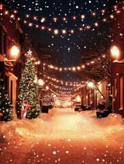 Obraz premium Snowy Street Scene with Christmas Lights and Decorations, Capturing the Beauty of a Festive Winter Night in a Charming Neighborhood