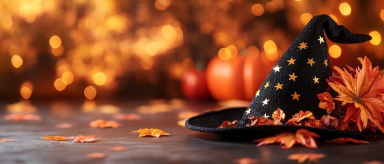Spooky Halloween hat and autumn decorations.