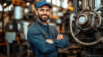 Fototapeta premium A smiling man wearing a blue cap and denim overalls stands with arms crossed in a bustling industrial environment filled with various machinery and tools