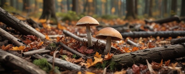 A brown capped mushroom partially hidden by fallen leaves and twigs on a forest floor amidst decaying logs and branches, nature scene, fungi, forest floor debris
