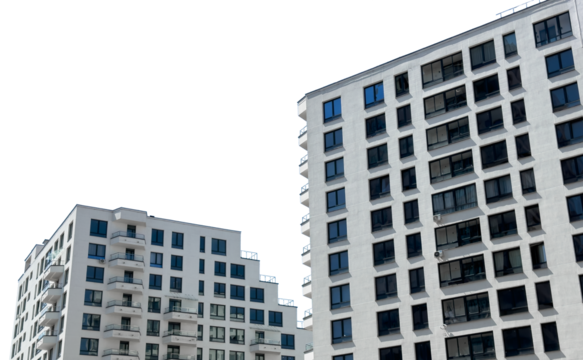 Modern apartment building. Contemporary high-rise residential architecture with balconies and windows. New housing complex for real estate development isolated on white background..