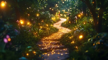 Vibrant forest path with Happy New Year 2025 text glowing in harmony with the greenery and warm evening light