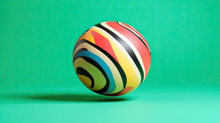A volleyball with bold patterns floating on a bright green background, creating a sporty and vibrant feel.