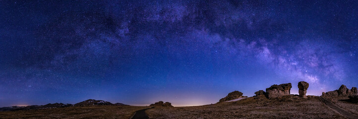 Moonlit Mushrom Rocks Mily Way Panorama