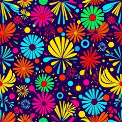 Fireworks Celebration: A vibrant and dynamic seamless pattern featuring colorful fireworks bursting against a deep purple backdrop. Perfect for adding a festive and energetic touch to your designs.  