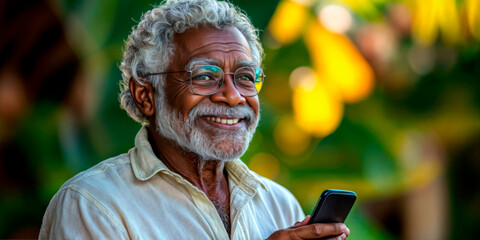 Obraz premium Elderly man in a light shirt with a bright smile holding a smartphone against a green and orange floral background, concept of communication, happiness, active lifestyle, and positive emotions.