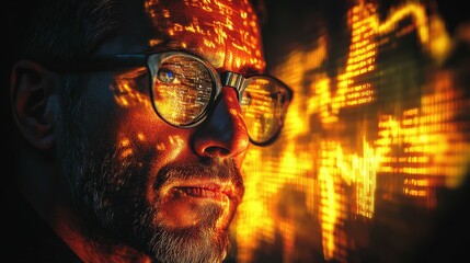 A man with glasses is deeply engrossed in his analysis of financial data, with vivid stock market trends reflecting on his face in an illuminated dark space