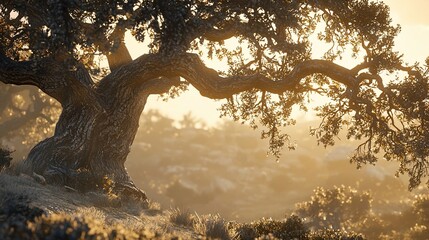 Majestic ancient oak tree at sunrise, backlit by golden light, showcasing gnarled branches and textured bark.