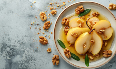 Caramelized pear with honey, nuts and mint leaves in a plate on the table. Close-up. Space for text.