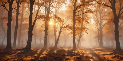 Amber light filters through misty autumn trees, filter, color, tree