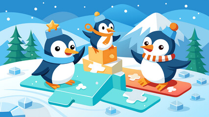 Obraz premium adorable penguins winter wonderland puzzle snow fun festive playful.