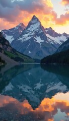 Fototapeta premium A peaceful mountain lake with snow-capped peaks reflected in the golden light of sunset, sunrise, mountain lakes