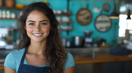 A cheerful young woman in an apron stands in a cozy cafe. The vibrant teal backdrop features coffee brewing equipment, creating a warm and inviting atmosphere
