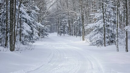 Obraz premium Serene Winter Wonderland: Snow-Covered Path Through Snowy Forest Landscape Inviting Adventure and Tranquility in a Beautiful Cold Season Setting