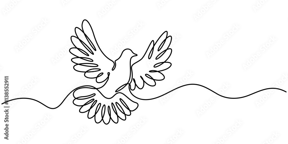 Poster dove of peace editable continuous line icon, bird flying with heart in continuous line art drawing. 