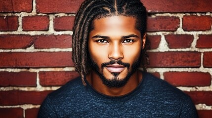 A confident man poses with a piercing gaze in front of a rustic brick wall. His dreadlocks and stylish beard complement a simple dark shirt, conveying a relaxed yet bold vibe