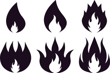 Six Black Flame Icons Variations of Fire Symbols