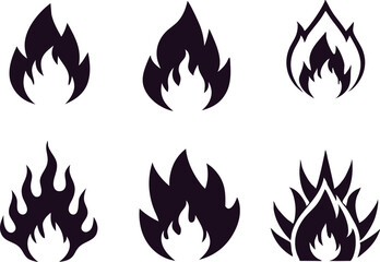 Six Black Flame Icons Fire Symbols, Design Elements, Vector Graphics