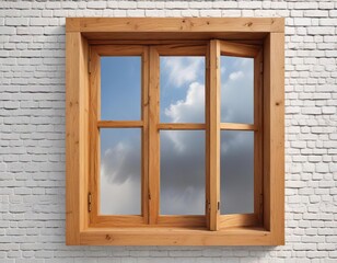 Large wooden window with a natural wood finish and subtle texture isolated on white background, wooden window, minimalist